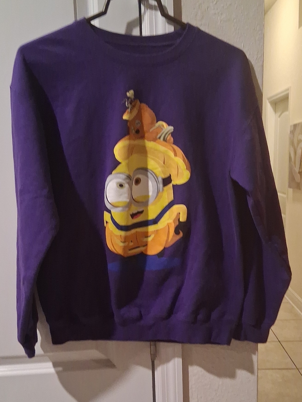 Girls Purple Graphic Pullover Sweatshirt with Pumpkin Minion Design